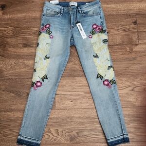 William Rast Blue Skinny Jeans with Vintage Floral Embroidery